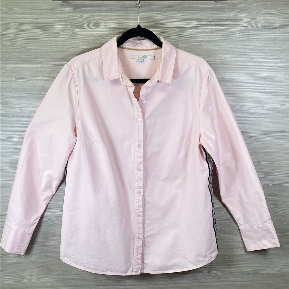 Boden Soft Pink Cotton Button Down Shirt Blue Gold Black Side Stripe | Size 12